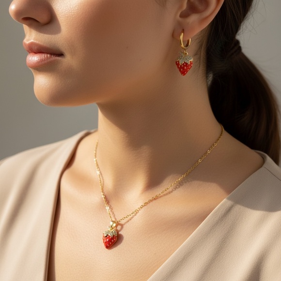 CZ Strawberry charm 18k gold plated necklace. New. - Picture 6 of 12